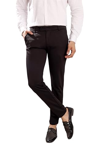 DE'DART Men's Slim Ankle Fit Formal Pants Flexi Belt – Stretchable Poly Lycra, Office Wear Trousers Dark Grey (34)
