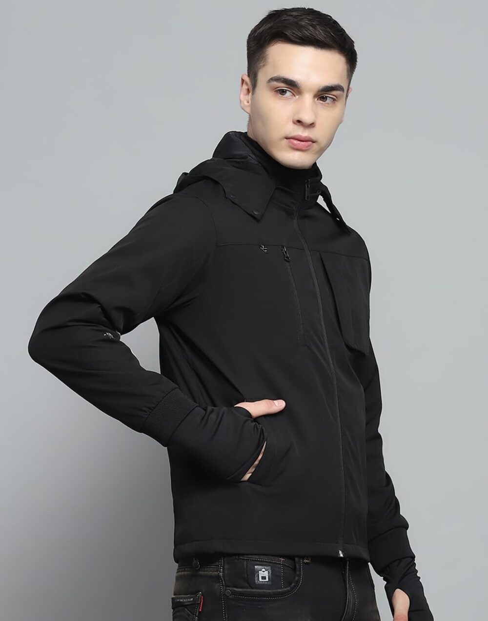 Monte Carlo Mens Solid Black Detachable Hood Full Sleeve Jacket - Image 6