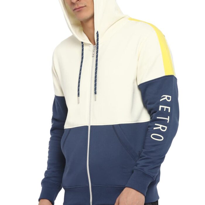 Alan Jones Clothing Men's Cotton Full Sleeves Colorblocked Hooded Regular Fit Sweatshirt (Off-White_Medium)