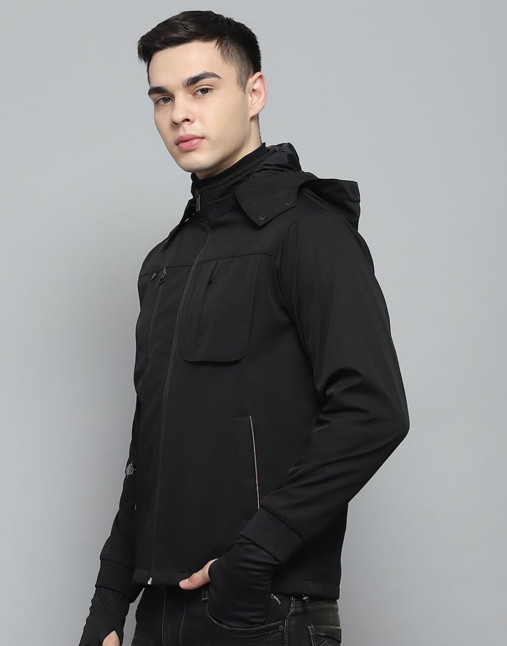 Monte Carlo Mens Solid Black Detachable Hood Full Sleeve Jacket - Image 7