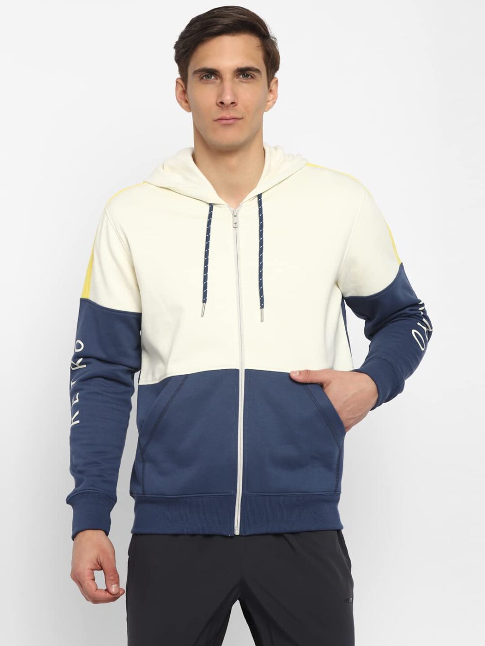 Alan Jones Clothing Men's Cotton Full Sleeves Colorblocked Hooded Regular Fit Sweatshirt (Off-White_Medium) - Image 6