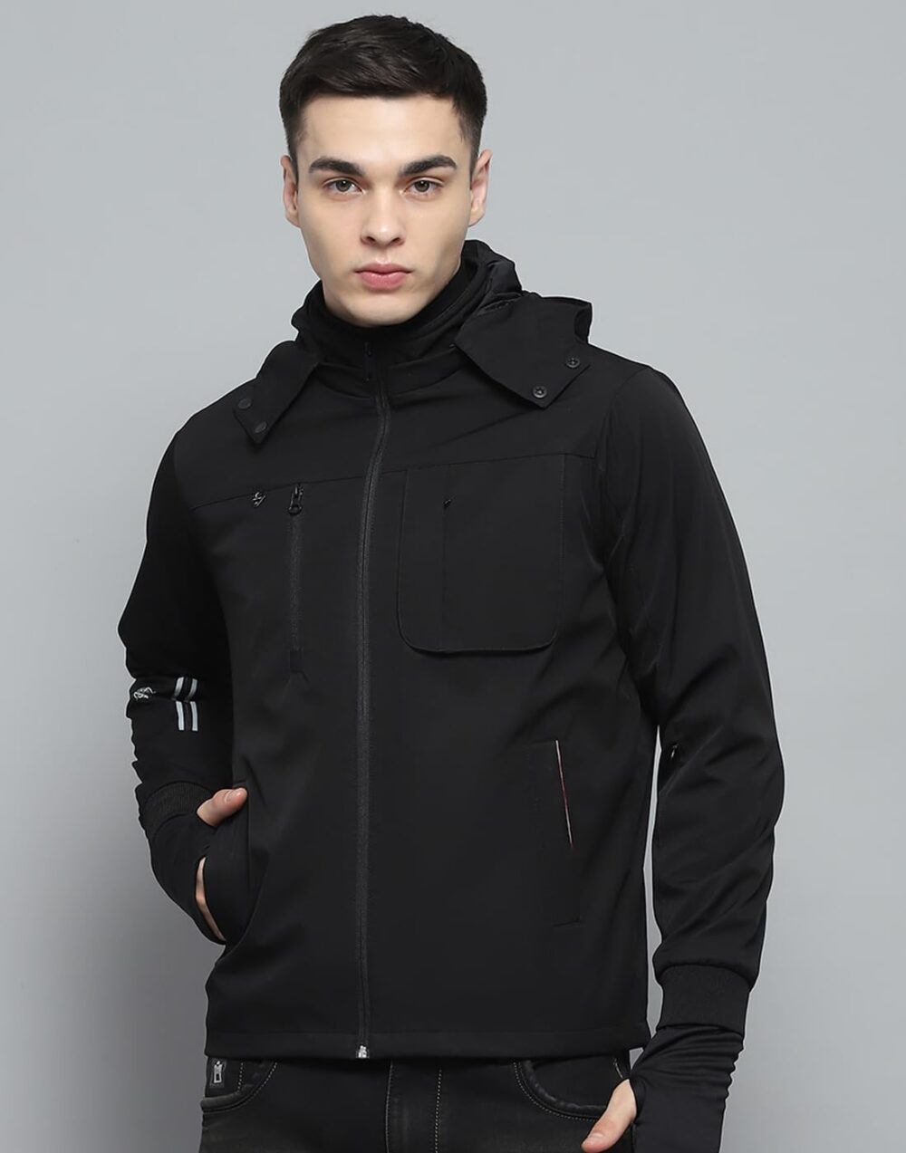 Monte Carlo Mens Solid Black Detachable Hood Full Sleeve Jacket - Image 8