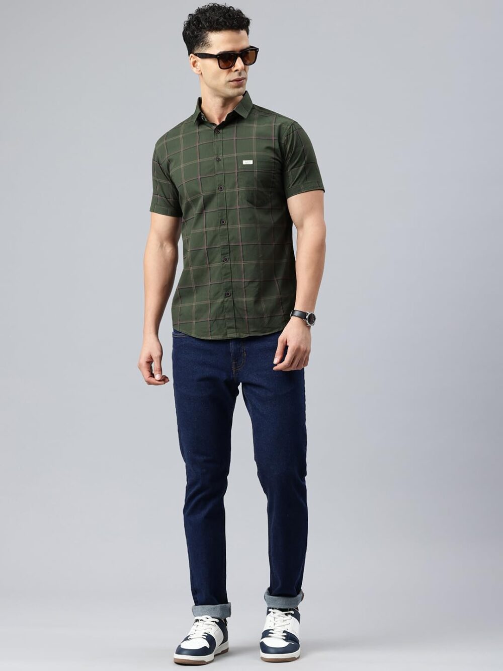 Majestic Man Men's Comfort Slim Fit Checked Pure Cotton Half Sleeve Casual Shirt (Dark Green, X-Large) - Image 4