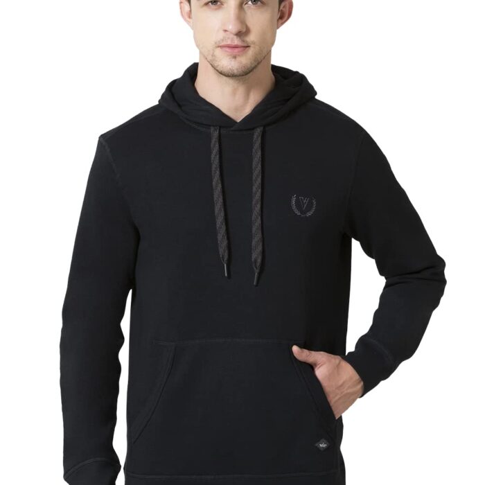 Van Heusen Men Sport Media Pocket Cotton Blend Regular Fit Hoodie - All Weather, Ultra Soft_70030_Black_XXL