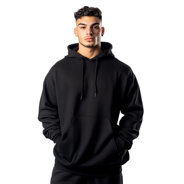 NOBERO Men's Cotton Blend Neck Hooded Oversized Sweatshirt (1M-Twho-R0041_Black)