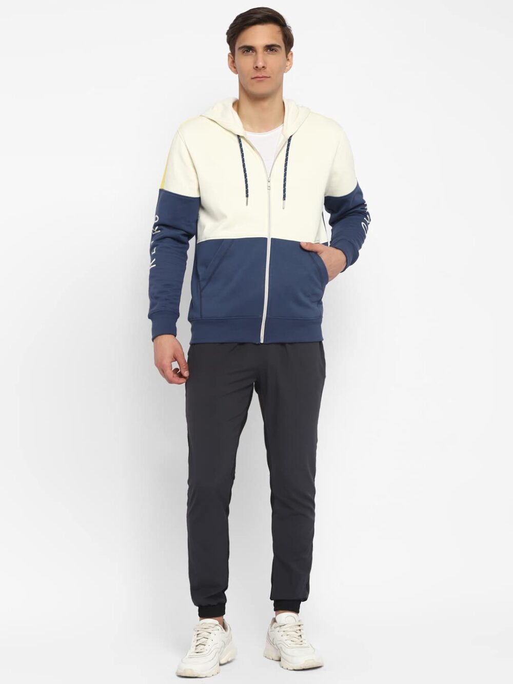 Alan Jones Clothing Men's Cotton Full Sleeves Colorblocked Hooded Regular Fit Sweatshirt (Off-White_Medium) - Image 3