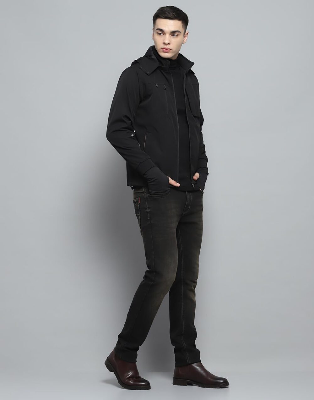 Monte Carlo Mens Solid Black Detachable Hood Full Sleeve Jacket - Image 4