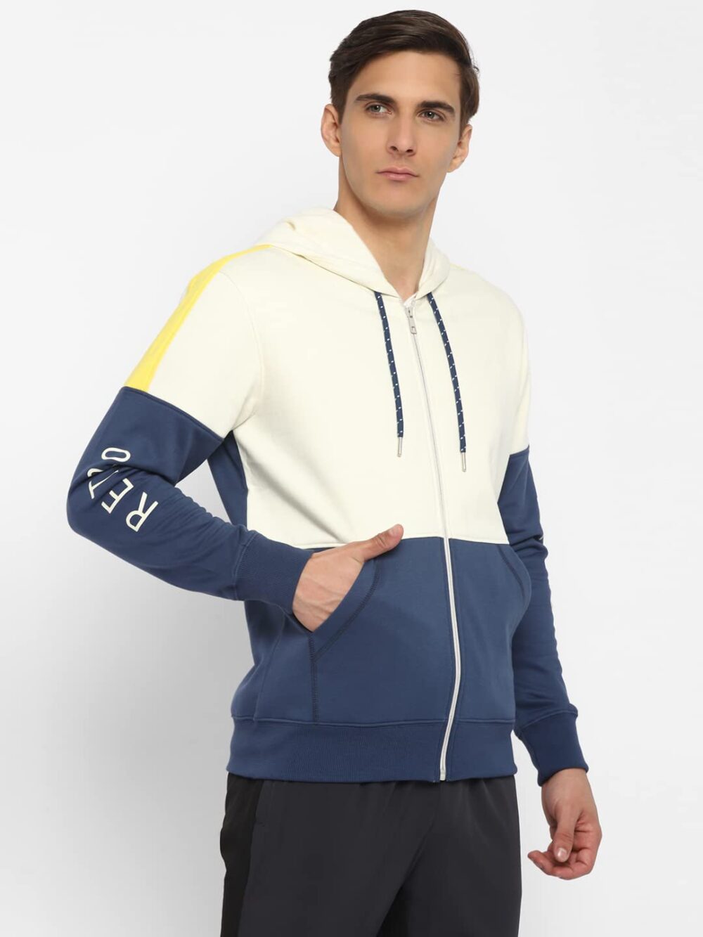Alan Jones Clothing Men's Cotton Full Sleeves Colorblocked Hooded Regular Fit Sweatshirt (Off-White_Medium) - Image 5
