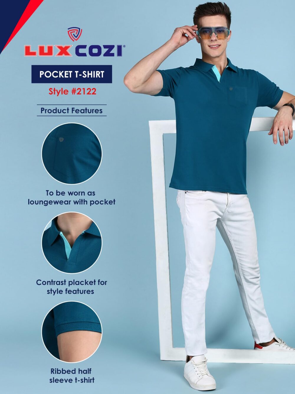 Lux Cozi Men's Half Sleeve Soild Casual T-Shirt with Chest Pocket_COZI_2122_EMRAD_2XL_1PC Emerald - Image 7