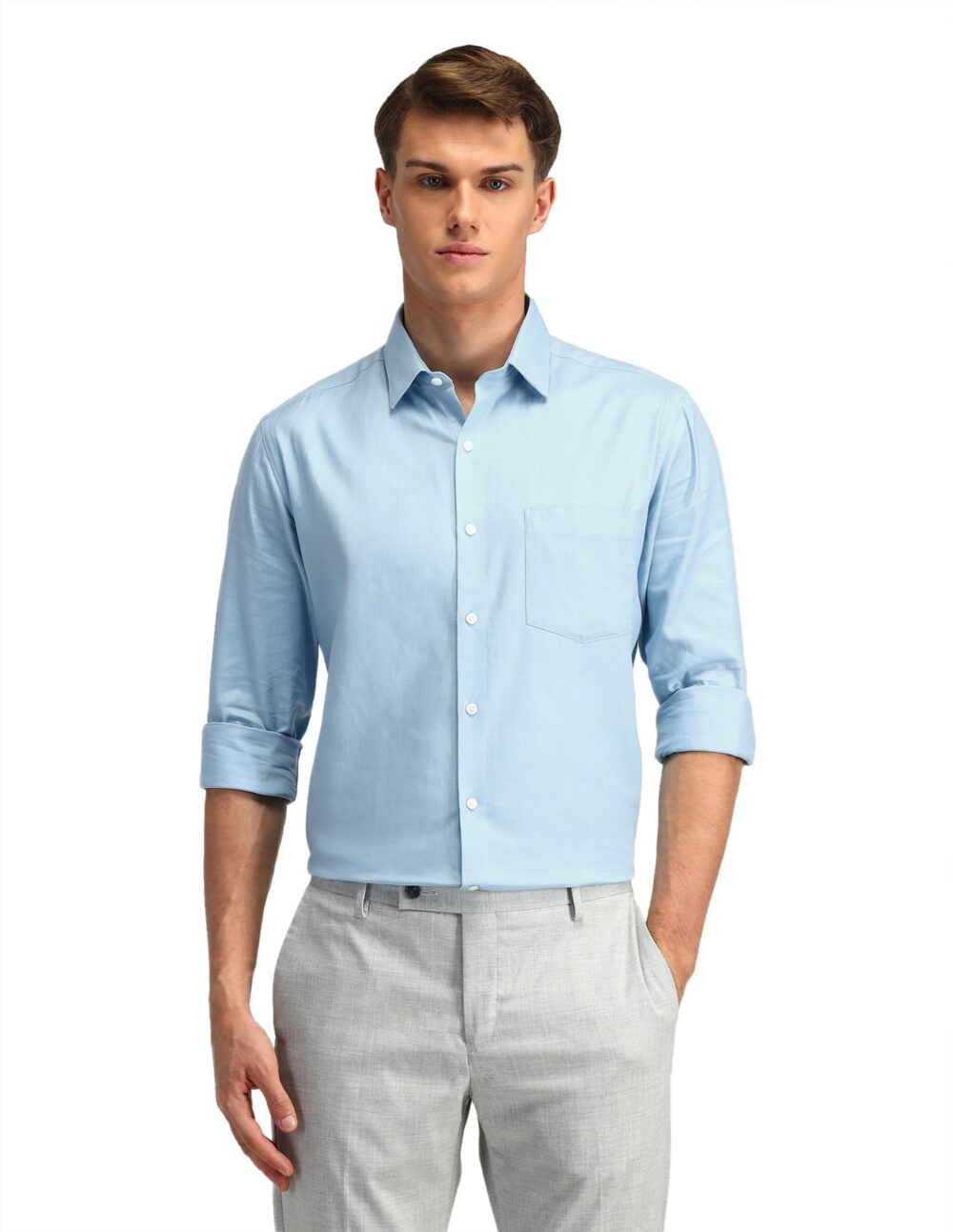 Arrow Men's Solid Full Sleeve Slim Fit Cutaway Collar Cotton Formal Shirt (ARCBOSH0005_Light Blue_40)