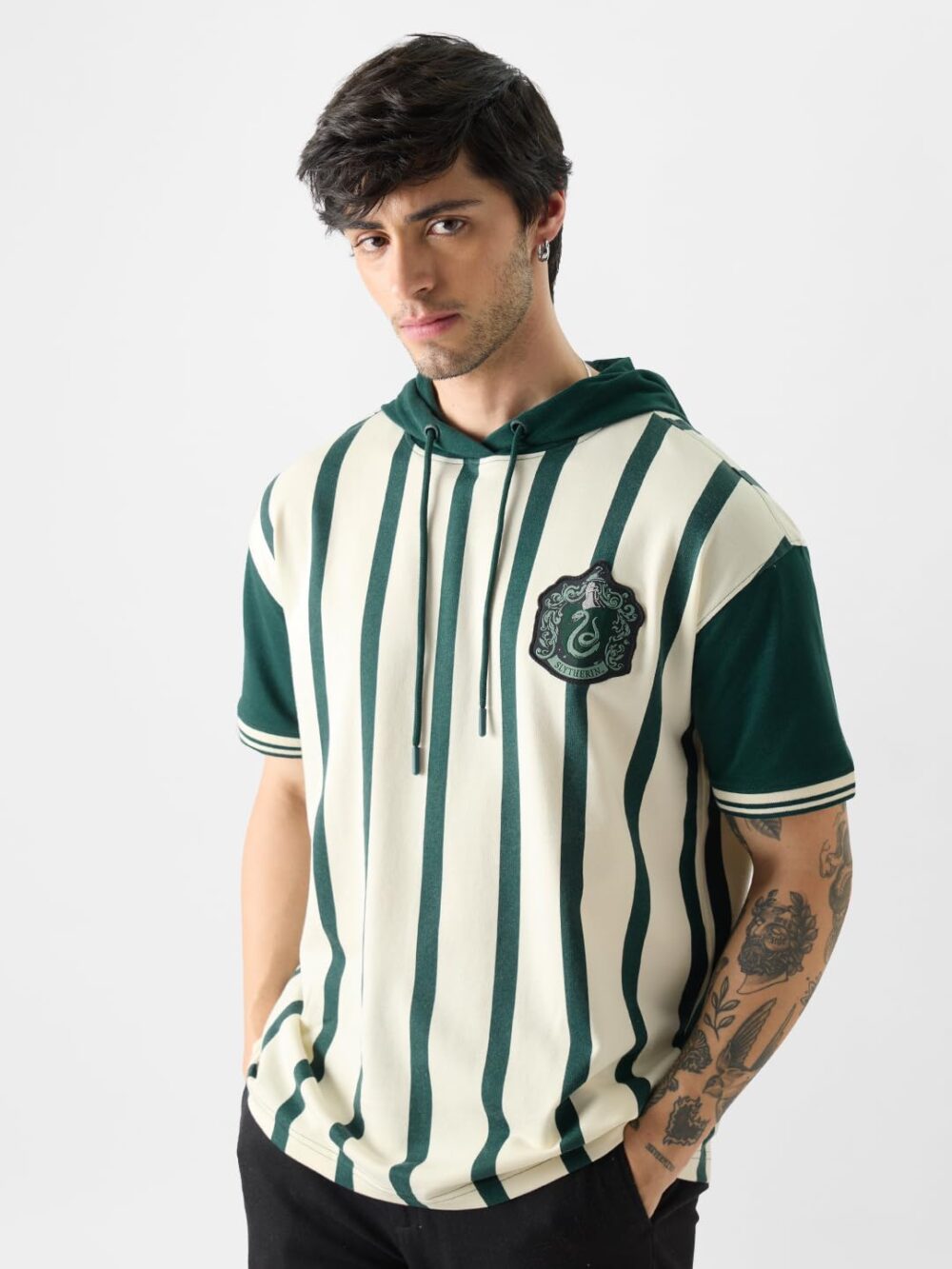 The Souled Store Official Harry Potter: Slytherin Rugby Set Hooded T-Shirts White - Image 6