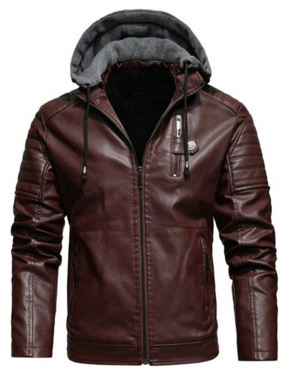 Blaq Ash Men's Faux Leather Hooded Motorcycle Jacket (IN, Alpha, L, Regular, Dark Brown)