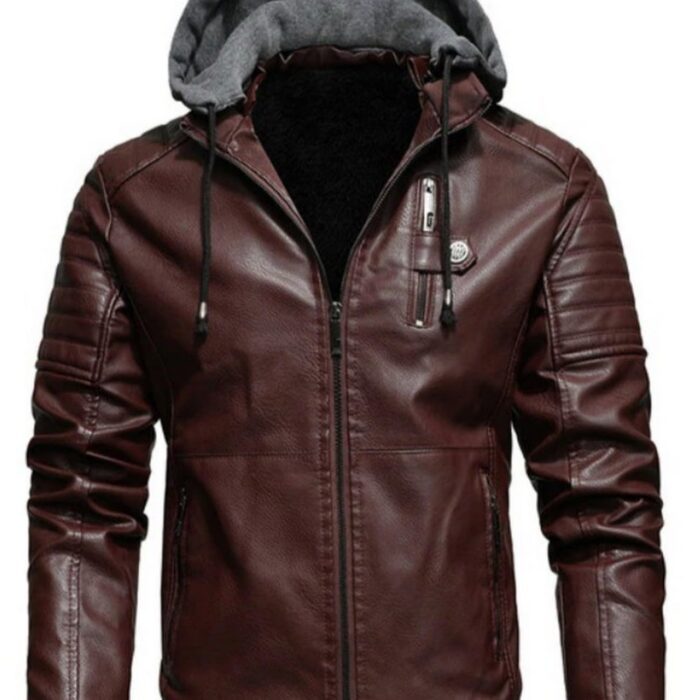 Blaq Ash Men's Faux Leather Hooded Motorcycle Jacket (IN, Alpha, L, Regular, Dark Brown)