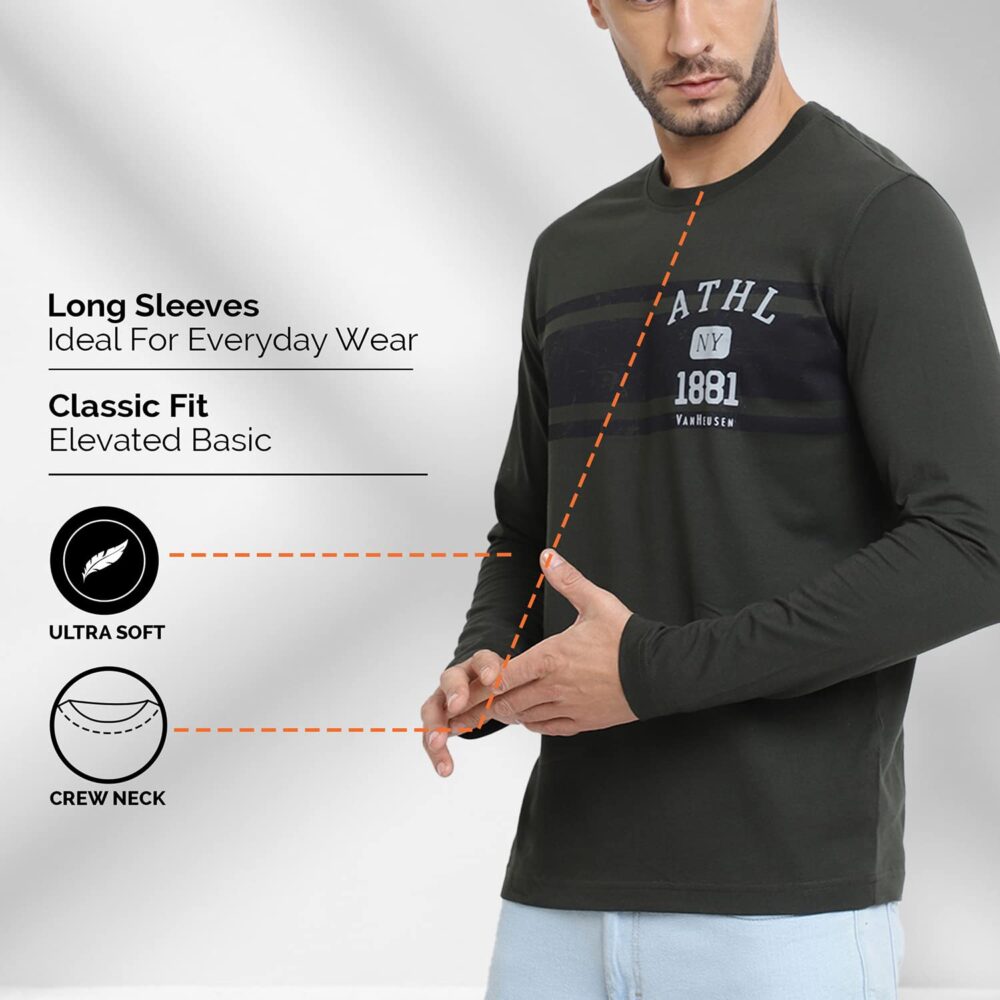 Van Heusen Cotton Men's Athleisure Crew Neck Regular Fit T-Shirt - Long Sleeve, Printed_60095_Black_M - Image 3