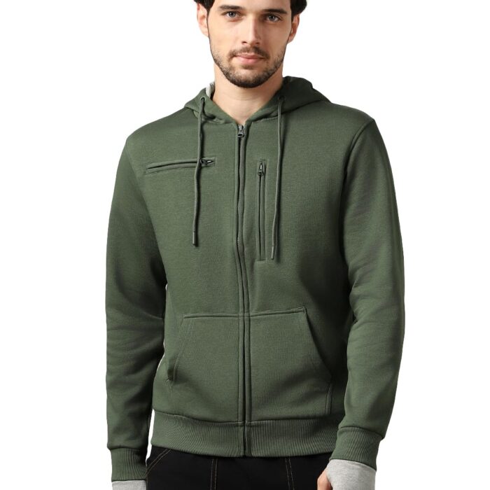 NOBERO Unisex-Adult Regular Cotton Neck Hooded Sweatshirt (1M-TWZP-R0002-OG4_Olive Green_L)