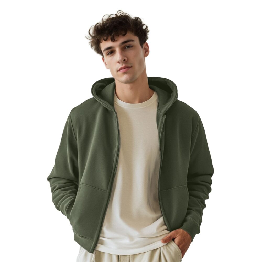 NOBERO Men's Fleece Neck Hooded Regular Fit Sweatshirt (1M-TWZP-R0004_Olive Green (Small)