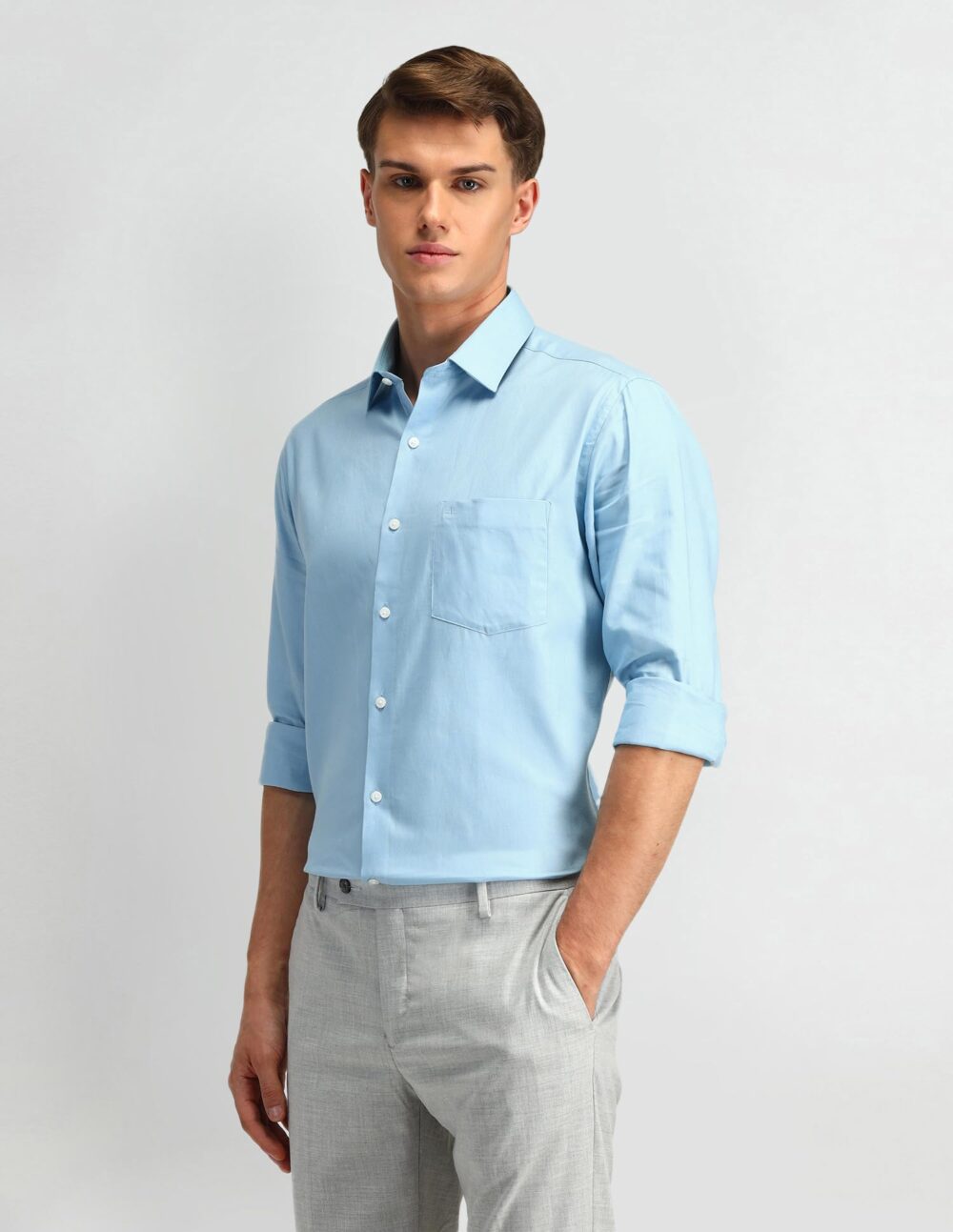 Arrow Men's Solid Full Sleeve Slim Fit Cutaway Collar Cotton Formal Shirt (ARCBOSH0005_Light Blue_40) - Image 4