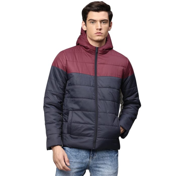 Dennis Lingo Men’s Long-Sleeve Color Block Hooded Puffer Jacket - 2 Pockets, Lightweight, Casual Winterwear for Men (Navy) (Medium)