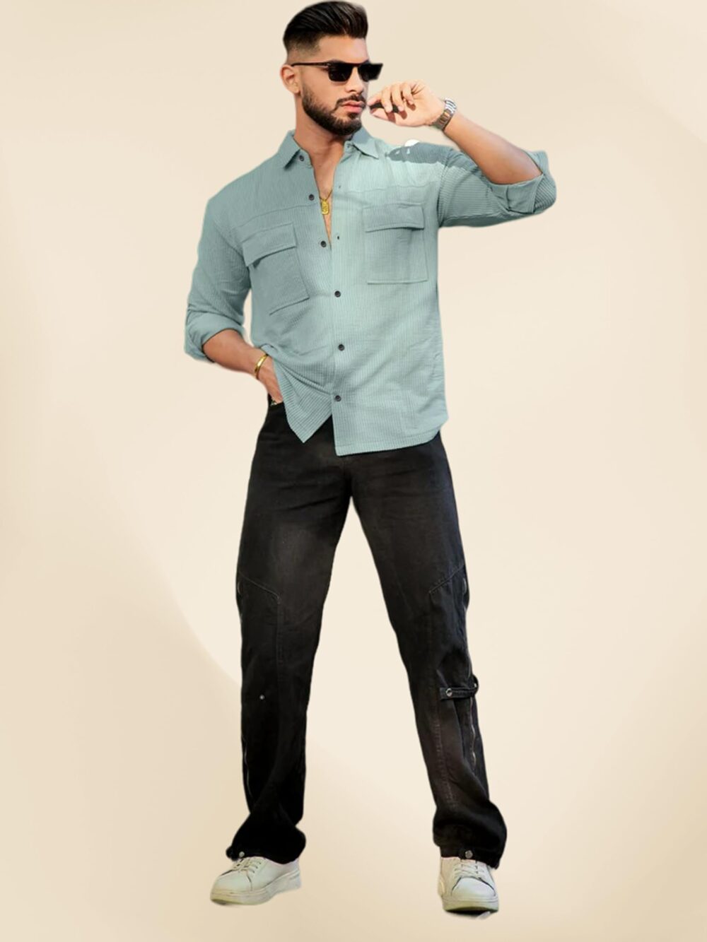 IndoPrimo Men's Regular Fit Fancy Double Pocket Casual Shirt for Men Full Sleeves - Cargo (in, Alpha, 2XL, Pista) - Image 2