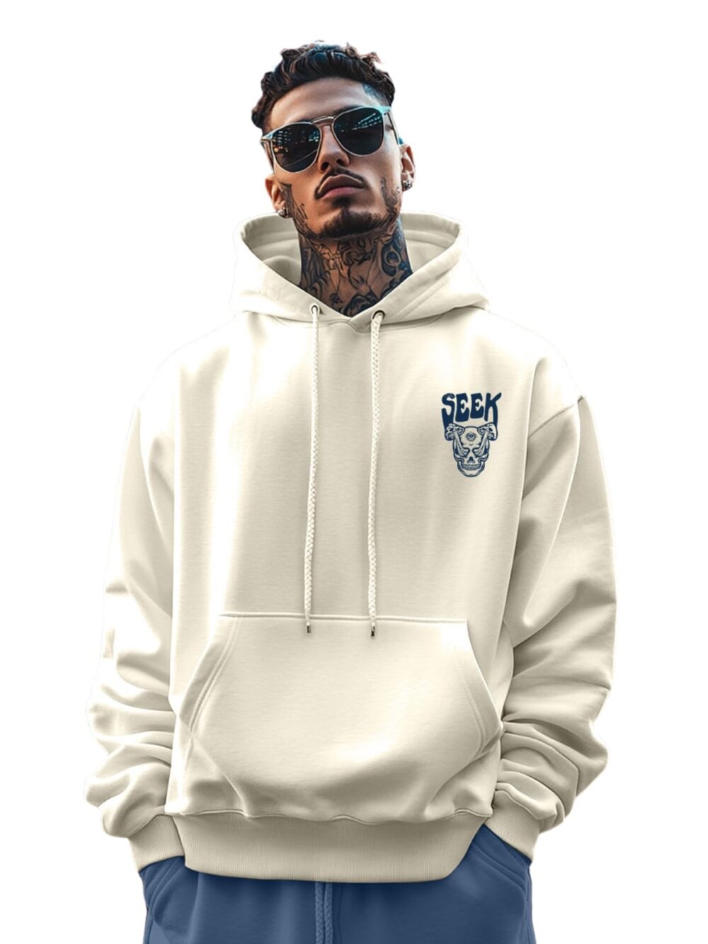 Veirdo® Cotton Polly Fleece Oversized Fit Off White Graphic Hoodie for Men (VH0423MMPT67_XXL)