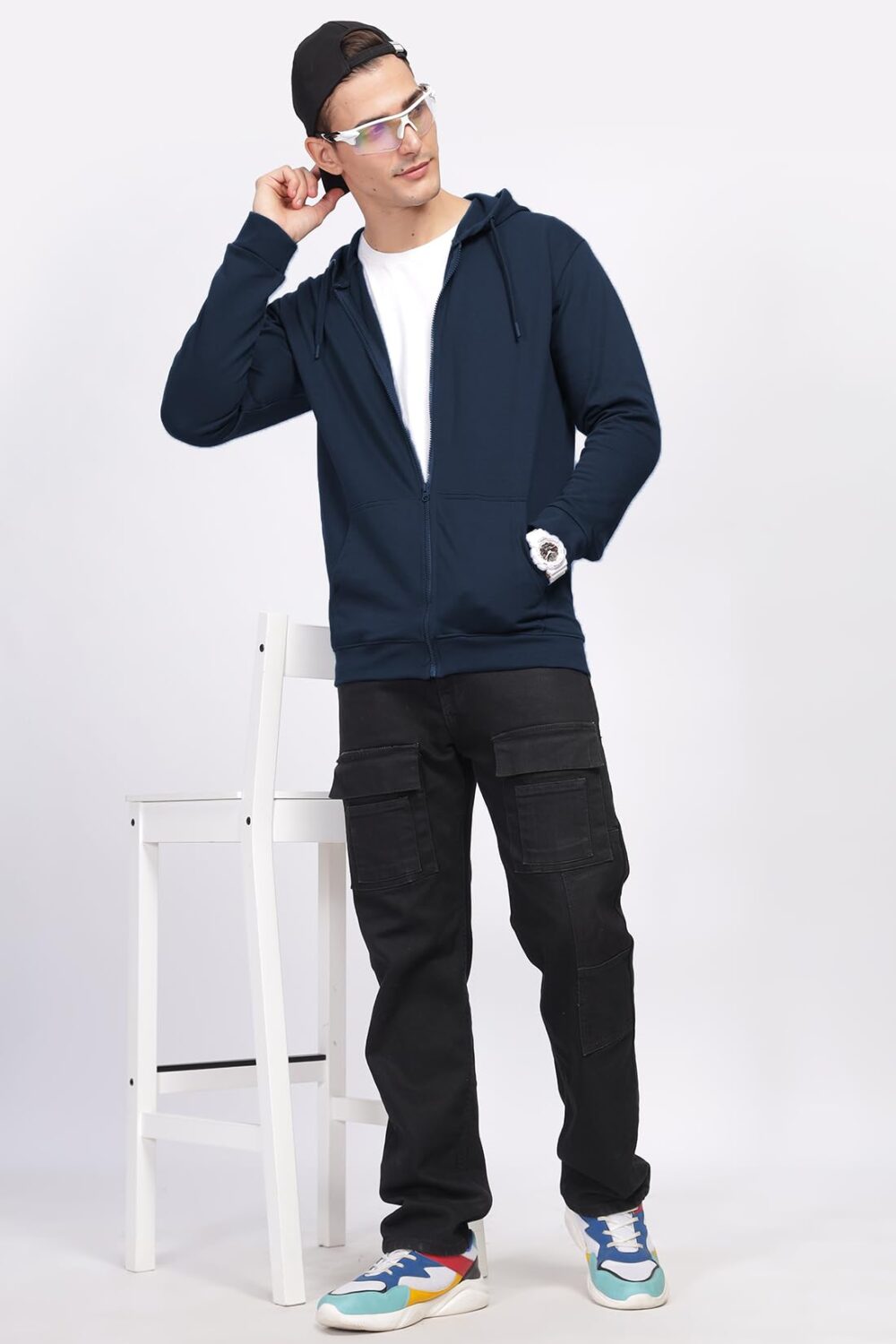 ADRO Men's Cotton Neck Hooded Sweatshirt (ZH24-PLN-NB_Navy - Image 5