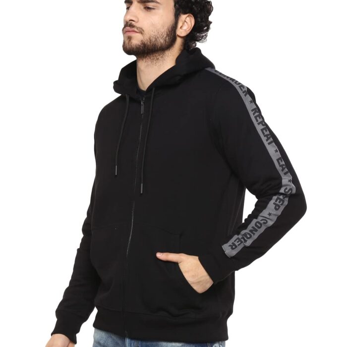 Alan Jones Clothing Men's Taped Cotton Hooded Regular Sweatshirt (Black_Medium)