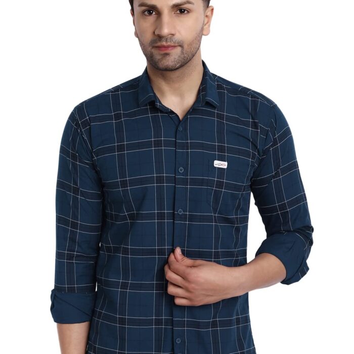 Majestic Man Slim Fit Cotton Casual Check Shirt for Men (Medium, Navy Blue)