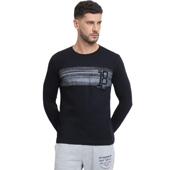 Van Heusen Cotton Men's Athleisure Crew Neck Regular Fit T-Shirt - Long Sleeve, Printed_60095_Black_M