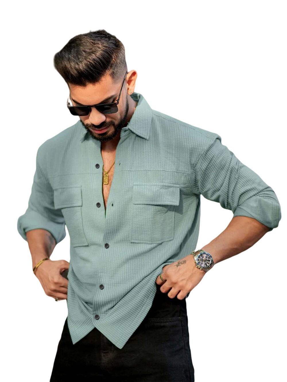 IndoPrimo Men's Regular Fit Fancy Double Pocket Casual Shirt for Men Full Sleeves - Cargo (in, Alpha, 2XL, Pista)