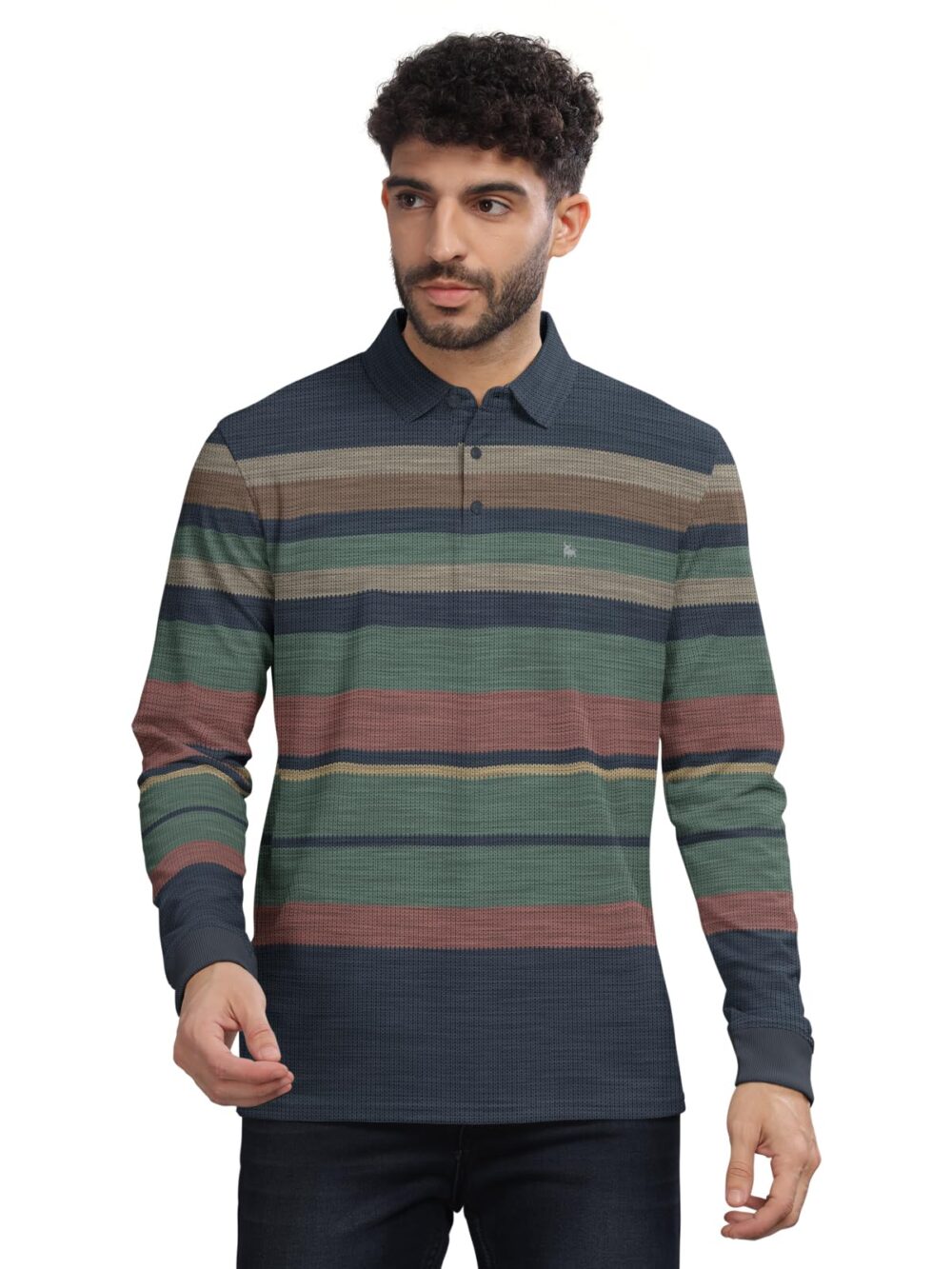 BULLMER Striped Textured Printed Polo Neck Fullsleeve T-Shirt with Rib for Men_Green_X-Large