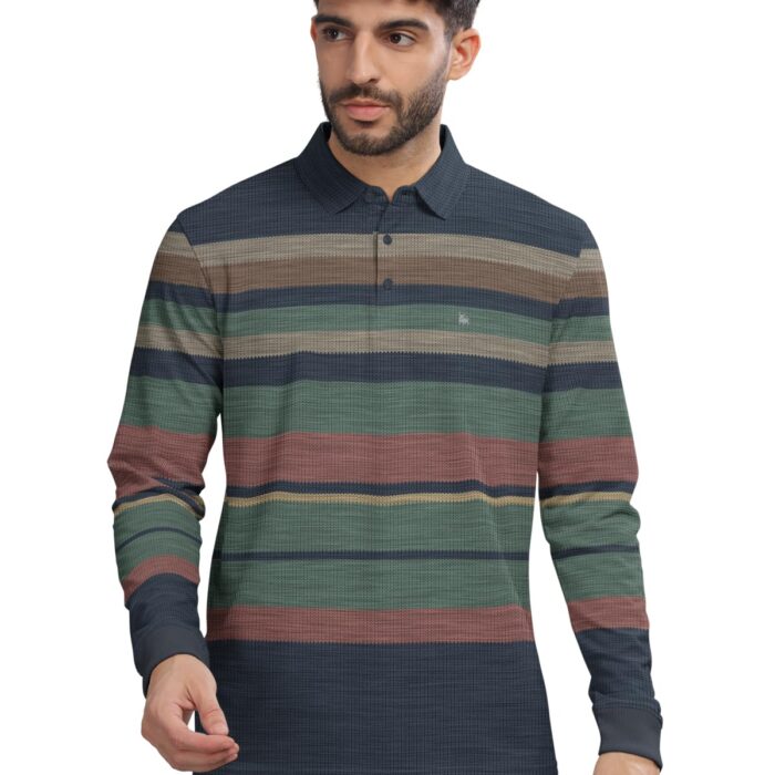 BULLMER Striped Textured Printed Polo Neck Fullsleeve T-Shirt with Rib for Men_Green_X-Large