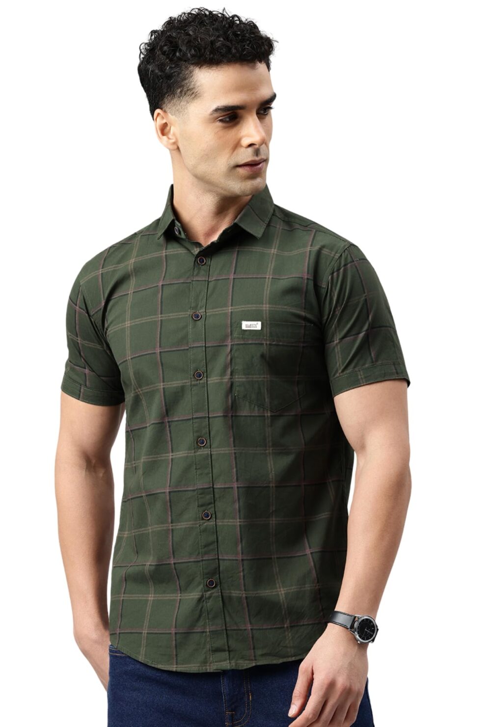 Majestic Man Men's Comfort Slim Fit Checked Pure Cotton Half Sleeve Casual Shirt (Dark Green, X-Large)