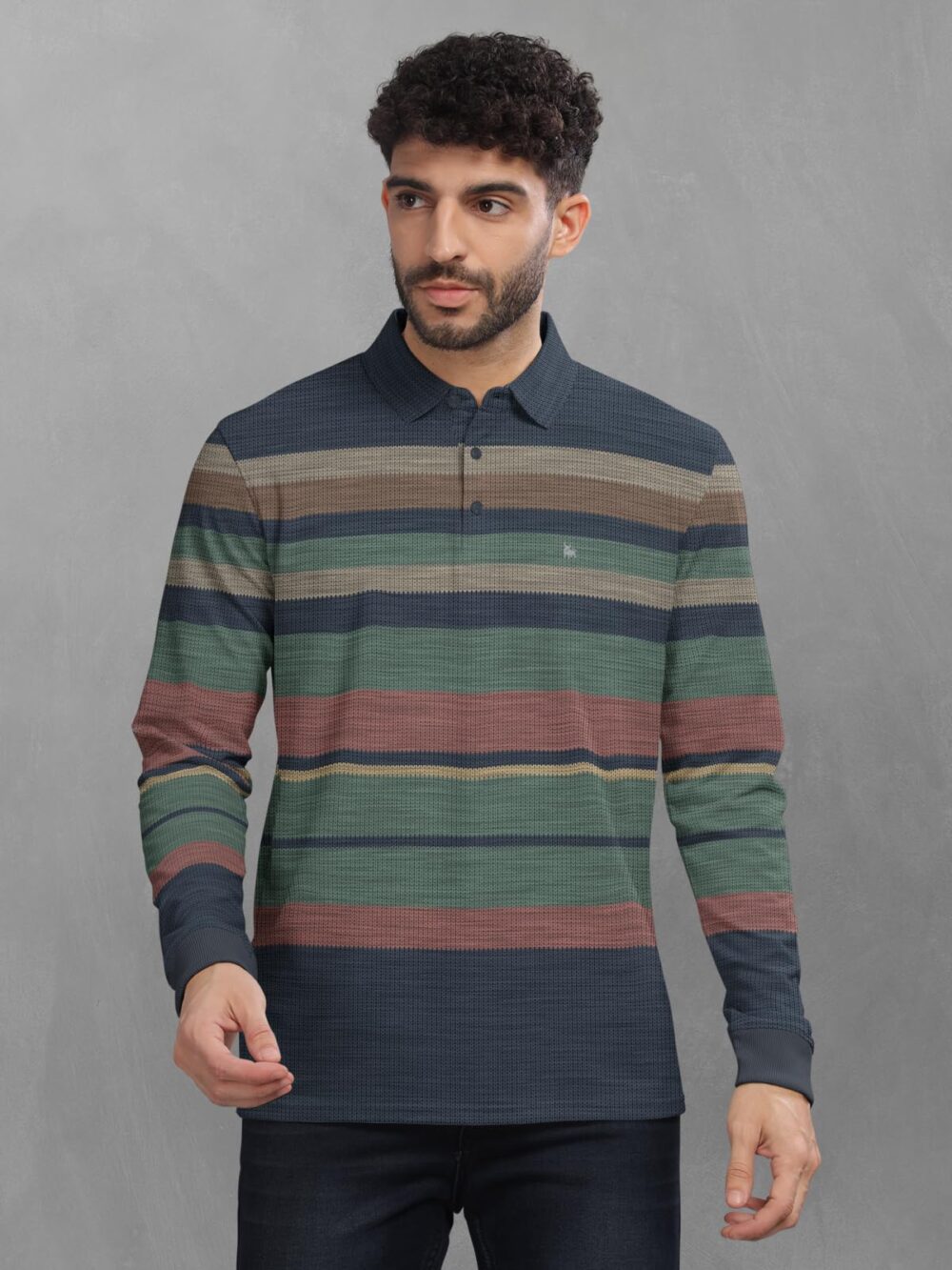 BULLMER Striped Textured Printed Polo Neck Fullsleeve T-Shirt with Rib for Men_Green_X-Large - Image 6