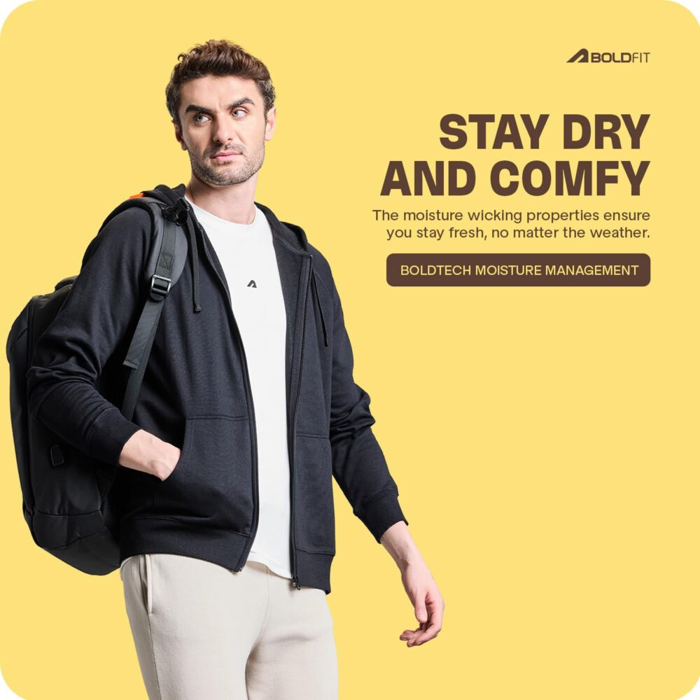 Boldfit Hoodie for Men - Soft Touch Sweatshirt With Raglan Sleeves, Regular Fit, Stylish for Gym and Travel - Black XL - Image 4