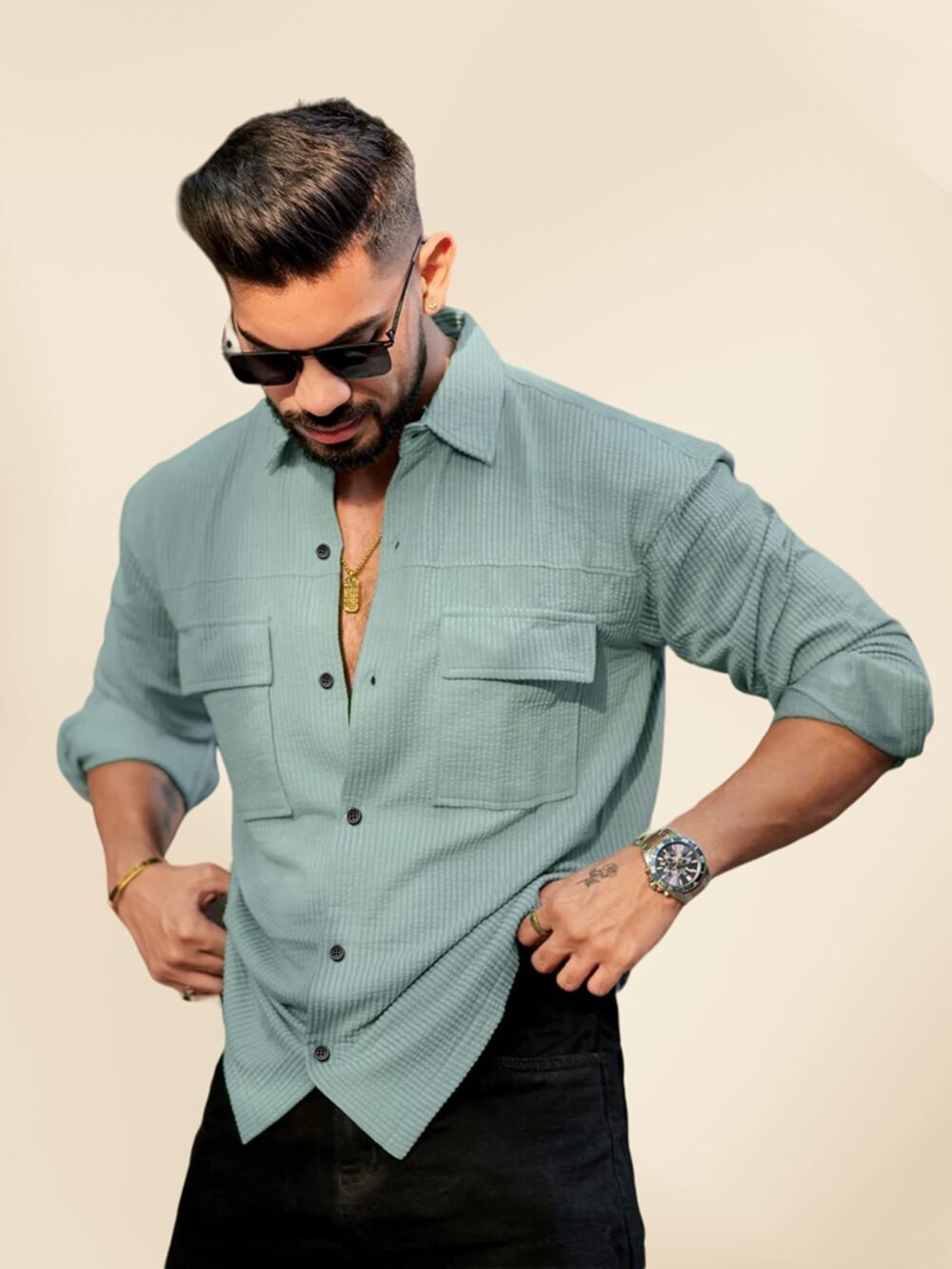 IndoPrimo Men's Regular Fit Fancy Double Pocket Casual Shirt for Men Full Sleeves - Cargo (in, Alpha, 2XL, Pista) - Image 4