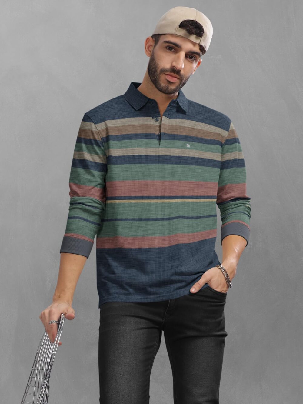 BULLMER Striped Textured Printed Polo Neck Fullsleeve T-Shirt with Rib for Men_Green_X-Large - Image 3