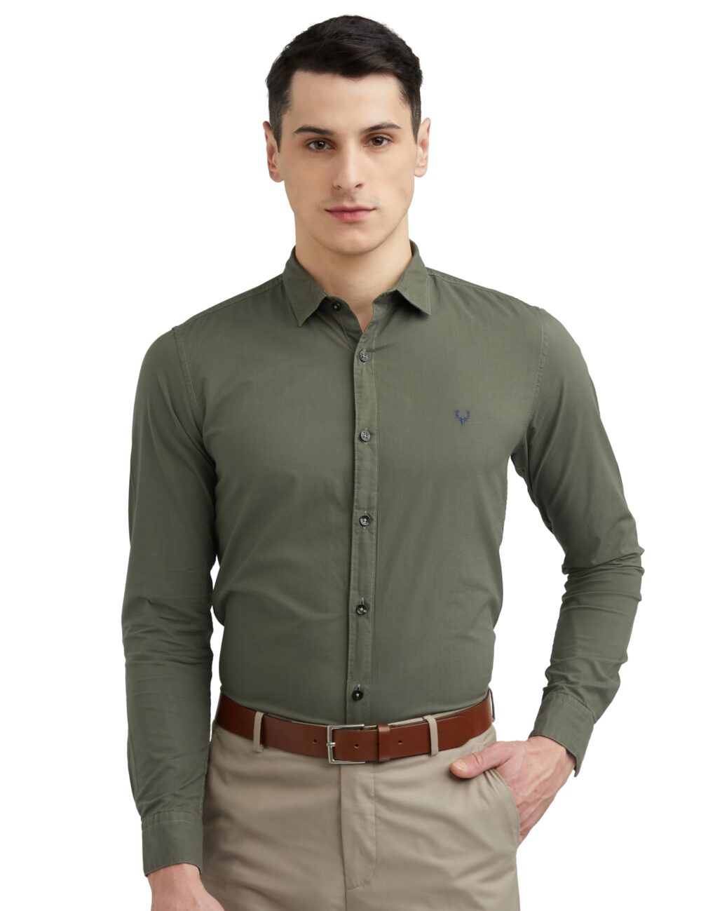 Allen Solly Men's Cotton Solid Slim Fit Shirt (ASSFWMOFG80292_Olive 40)