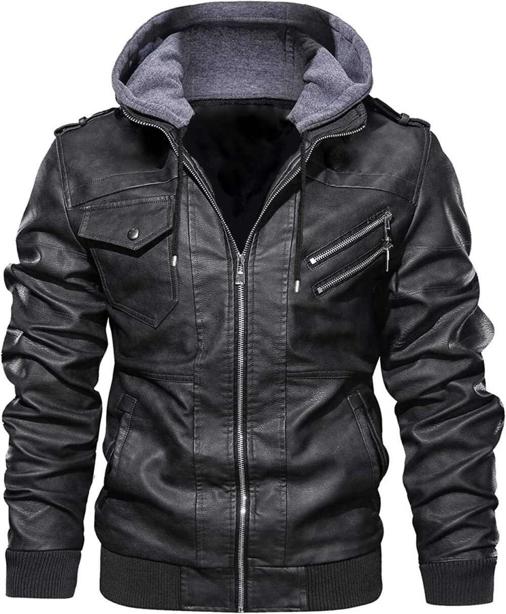 Blaq Ash Men's Faux Leather Hooded Motorcycle Jacket, Zip-Up, with Pockets, Removable Hood (Extra Large, Black)