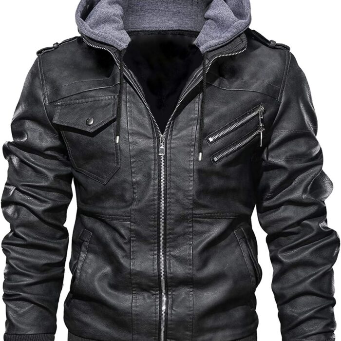 Blaq Ash Men's Faux Leather Hooded Motorcycle Jacket, Zip-Up, with Pockets, Removable Hood (Extra Large, Black)