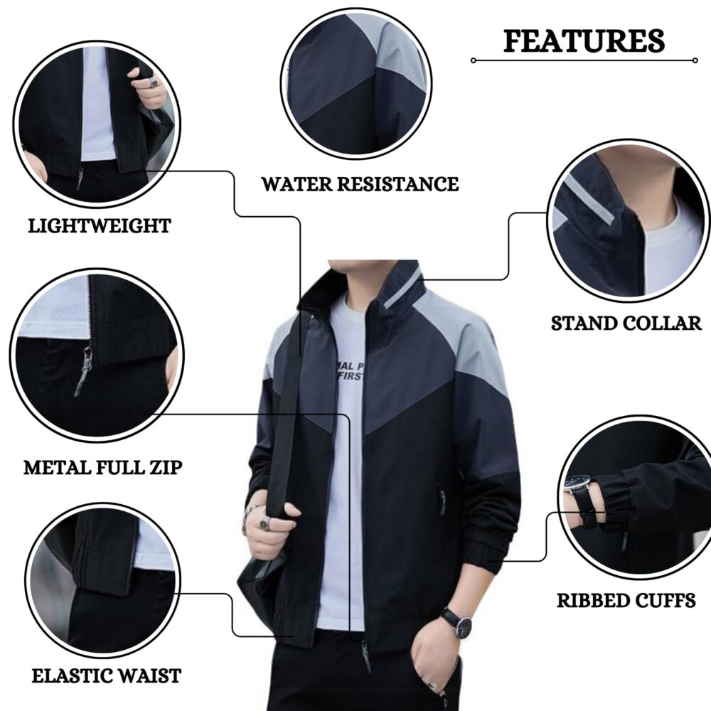 MIA FASHION Mens Jackets for Summer, Lightweight Windcheater Jacket, Full Sleeves, Regular Fit, Stylish Stand Collar, Zipper Closure - Image 3