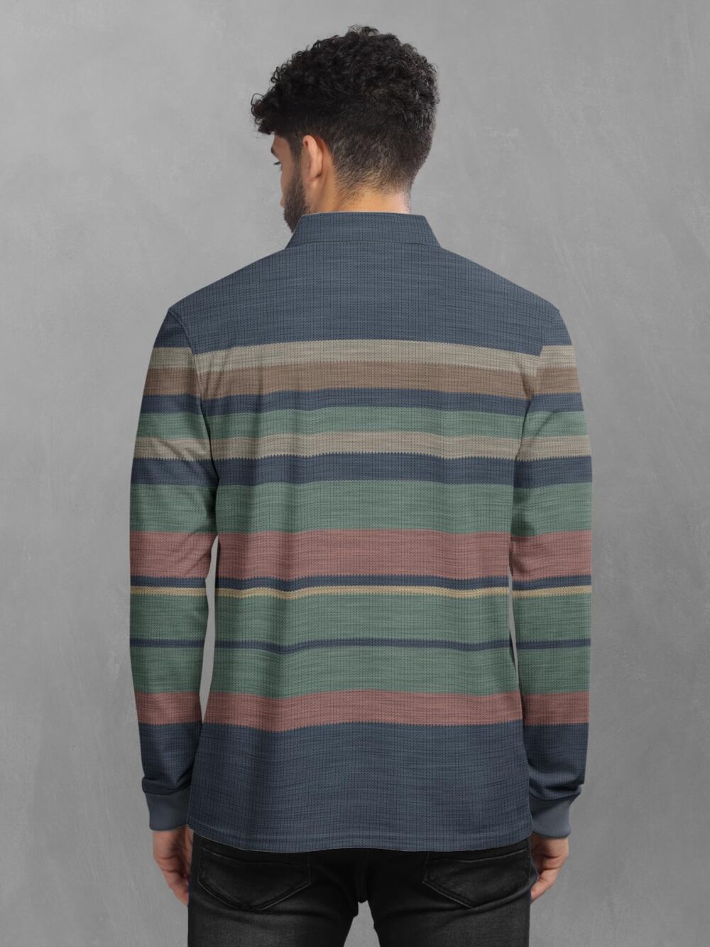 BULLMER Striped Textured Printed Polo Neck Fullsleeve T-Shirt with Rib for Men_Green_X-Large - Image 5