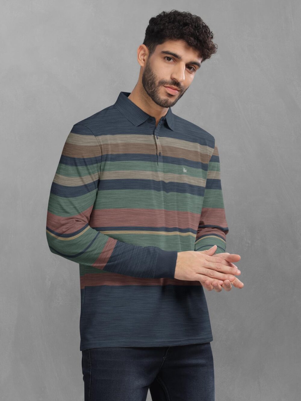 BULLMER Striped Textured Printed Polo Neck Fullsleeve T-Shirt with Rib for Men_Green_X-Large - Image 4