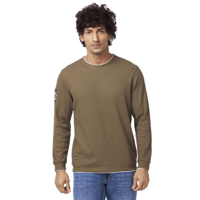 Spykar Men Military Green Blended Slim Fit Full Sleeve Round Neck Plain Sweatshirt