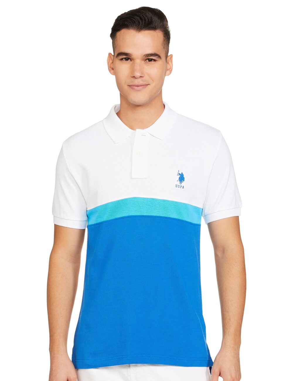 U.S. POLO ASSN. Men's Colour Block Slim Fit Cotton Polo Shirt (USTSHS1579_White_White_L)