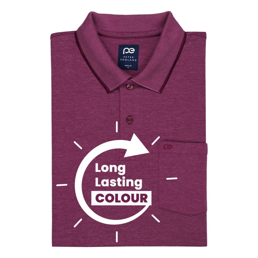 Peter England Men's Premium Branded Regular Fit Half Sleeve Polo T-Shirt with Pocket | Cotton Rich | Birds Eye Interlock Weave Magenta - Image 3