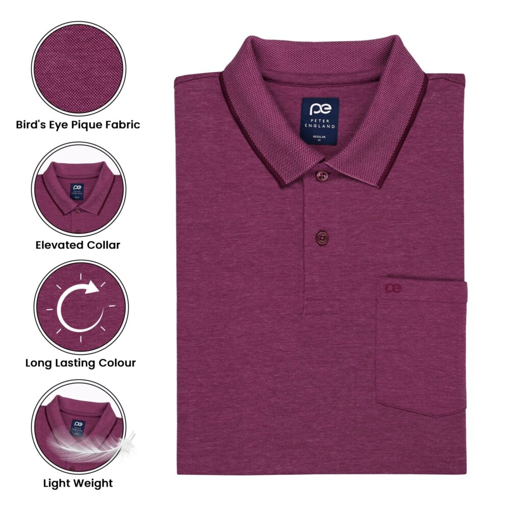 Peter England Men's Premium Branded Regular Fit Half Sleeve Polo T-Shirt with Pocket | Cotton Rich | Birds Eye Interlock Weave Magenta - Image 4