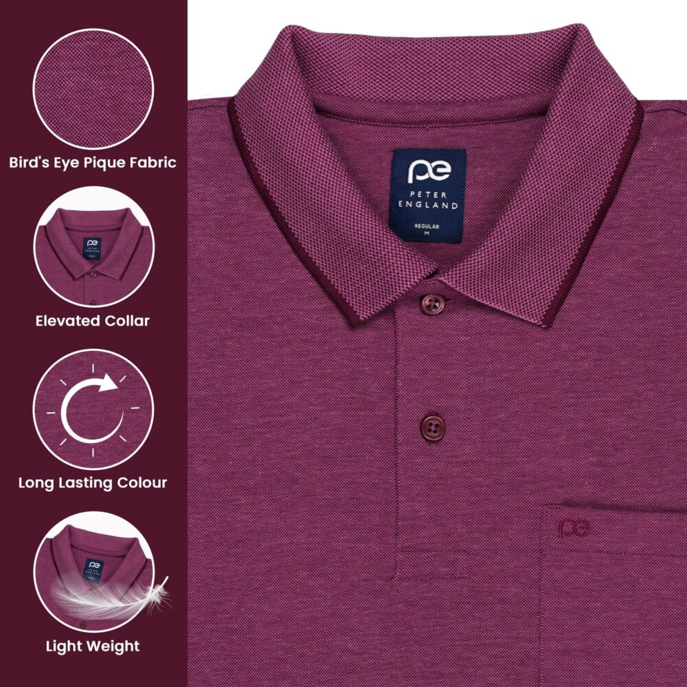 Peter England Men's Premium Branded Regular Fit Half Sleeve Polo T-Shirt with Pocket | Cotton Rich | Birds Eye Interlock Weave Magenta - Image 5