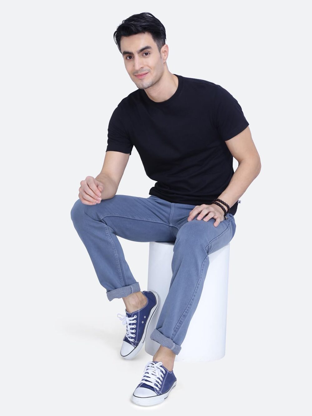Awack Blue Grey Colored Washed Mid Waist Heavy Weight Stretchable Denim Material Front Cross Pocket Comfort Fit Jeans Pant for Men - Image 2