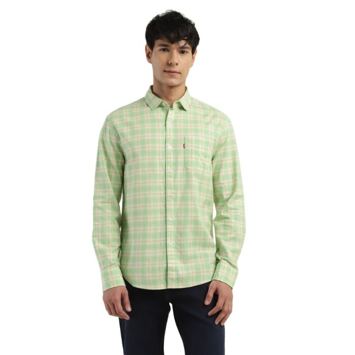 Levi's Men's Cotton Spread Collar Slim Fit Checked Shirts Light Green, Medium