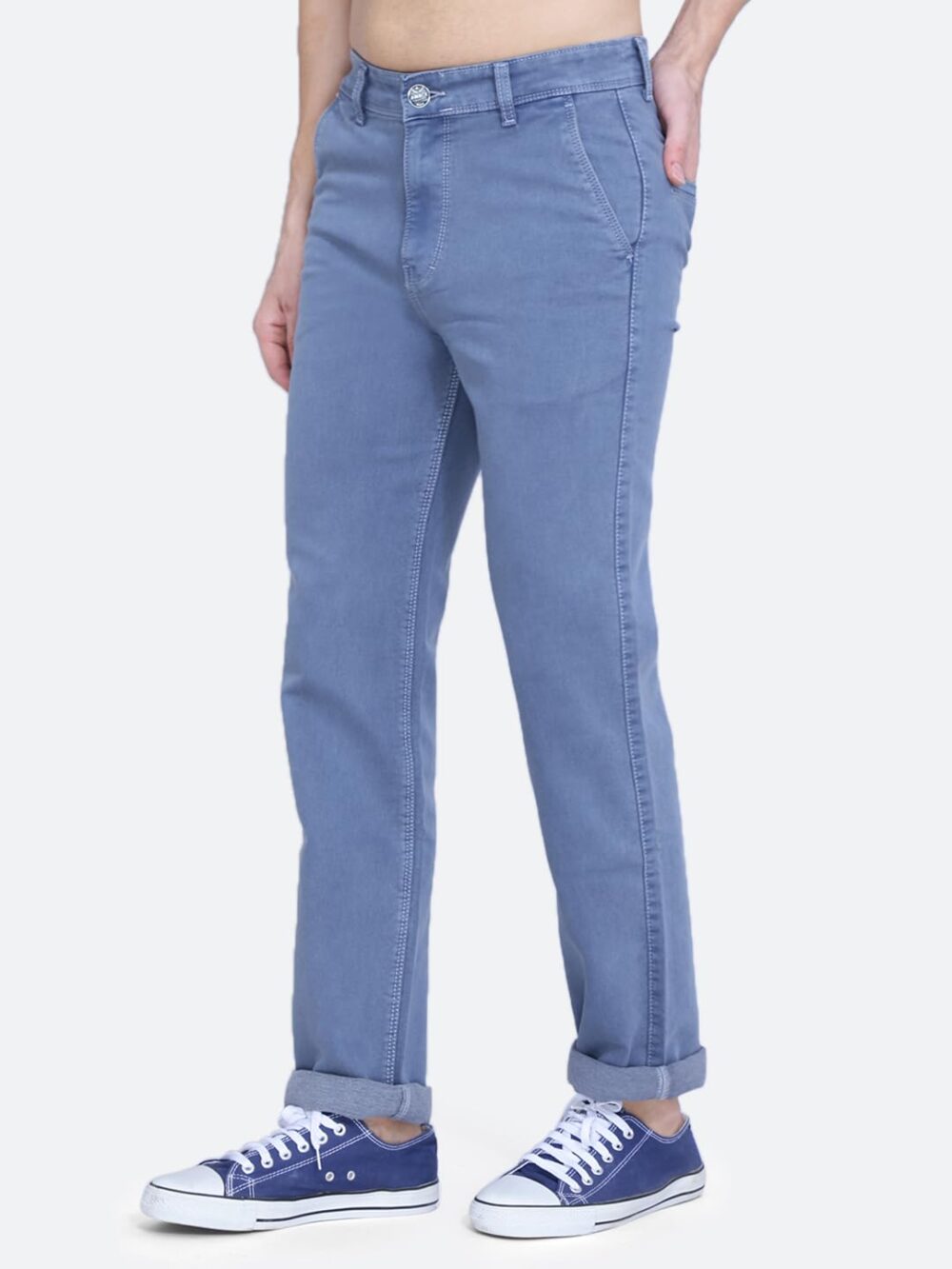 Awack Blue Grey Colored Washed Mid Waist Heavy Weight Stretchable Denim Material Front Cross Pocket Comfort Fit Jeans Pant for Men - Image 4